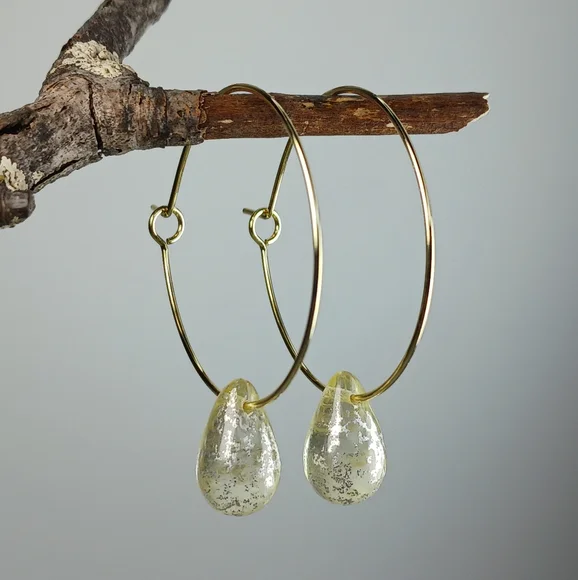HAND CRAFTED Elegant Gold Hoop Earrings with Artisan Glass Drops - Picture 6 of 8